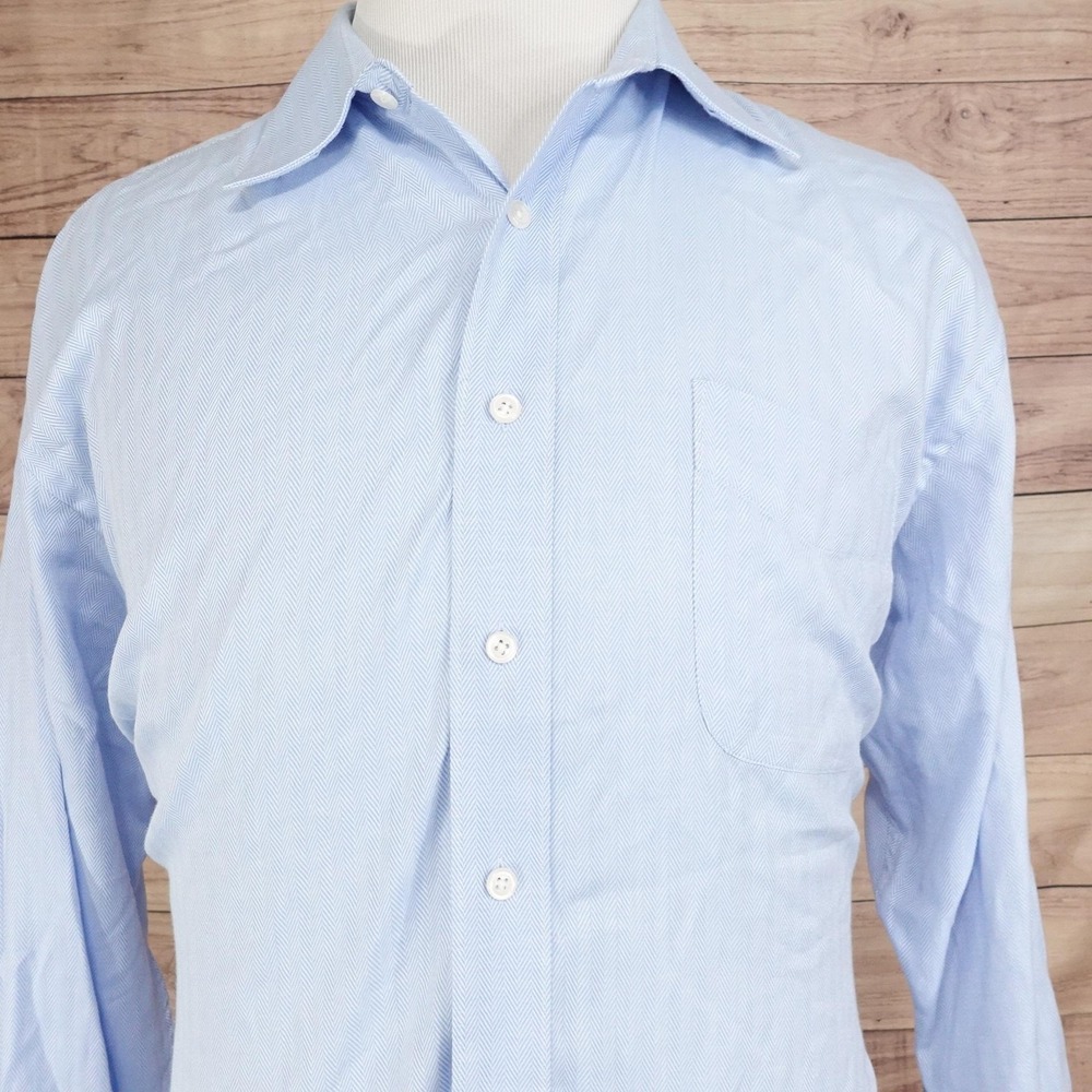 Joseph & Feiss Dress Shirt Mens 17 32/33 Classic Fit Blue Herringbone Cotton